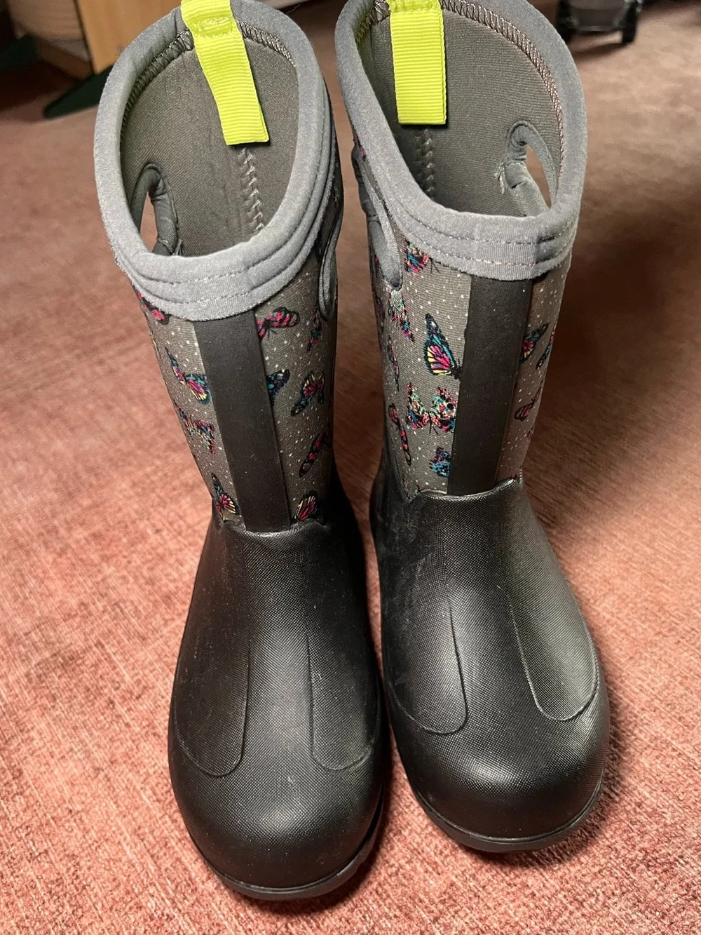 Bogs insulated kids size 12 winter rain boots water proof butterflies pattern